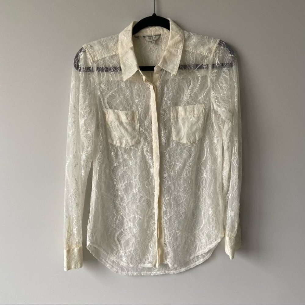 Guess Lace Button Down Stretch  Blouse Shirt